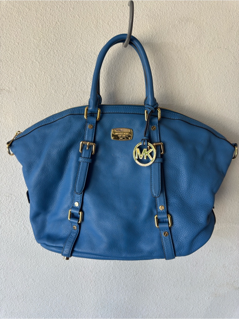 Michael Kors Blue Pebbled Leather Satchel with Gold MK Logo